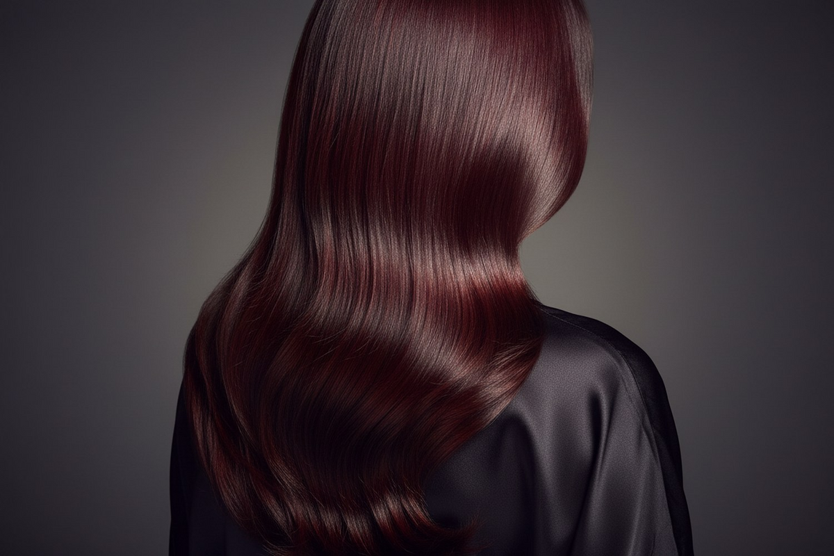 Smooth glossy hair after using a Korean hair mask, styled in a premium beauty editorial close-up