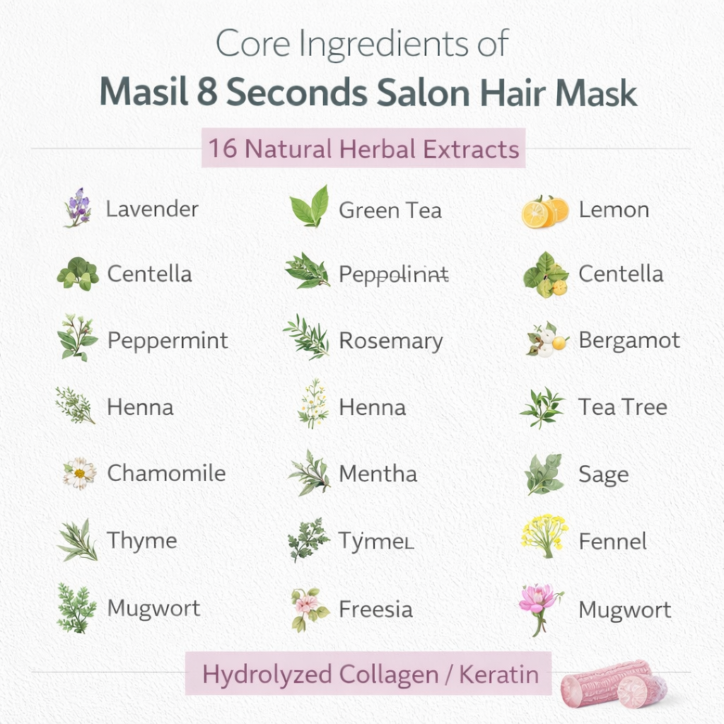 Infographic of Masil 8 Seconds Salon Hair Mask ingredients featuring 16 natural herbal extracts and hydrolyzed proteins.