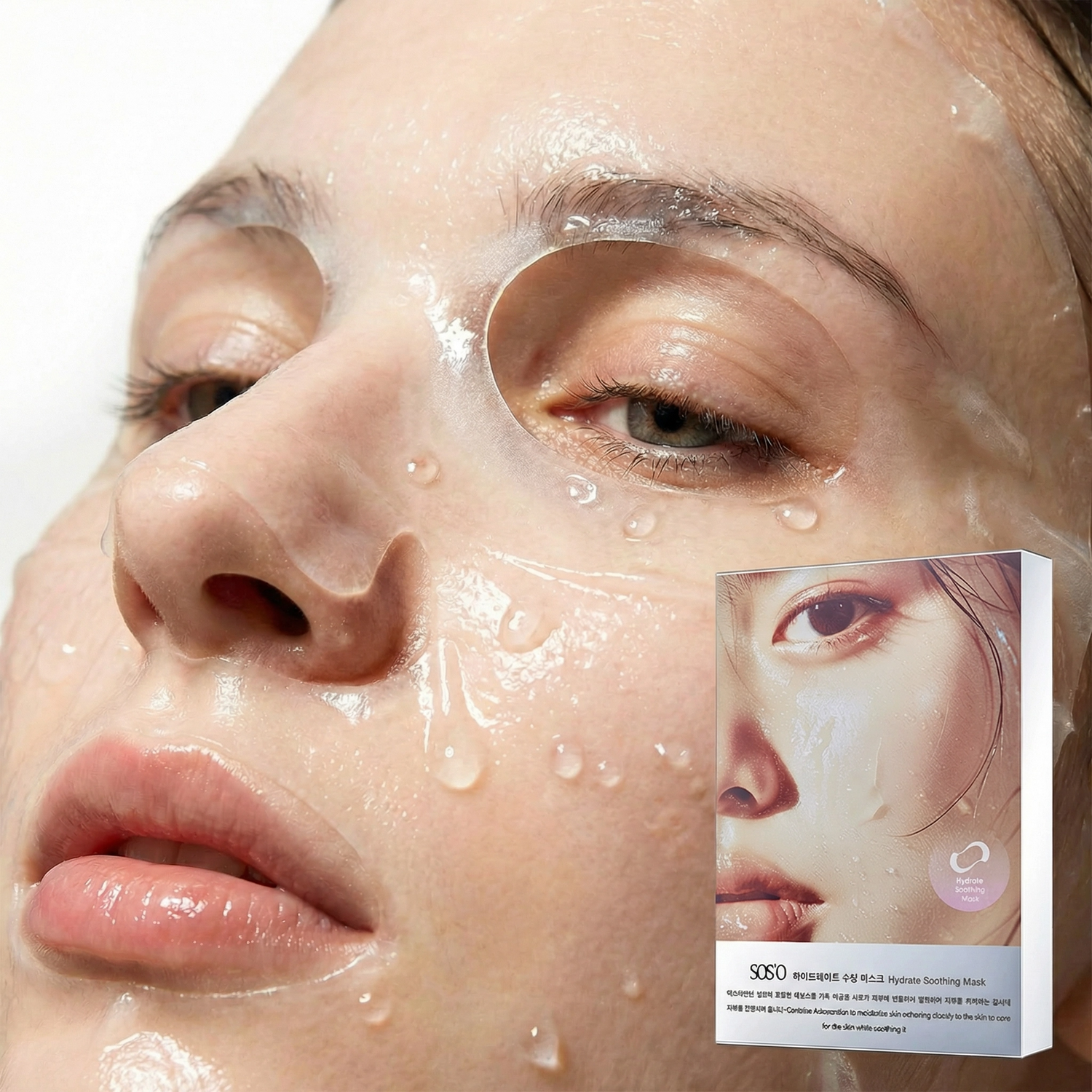 Close-up of a woman applying the transparent SOSO Hydrating & Soothing Mask, showing its seamless fit and the hydrating essence on her skin.