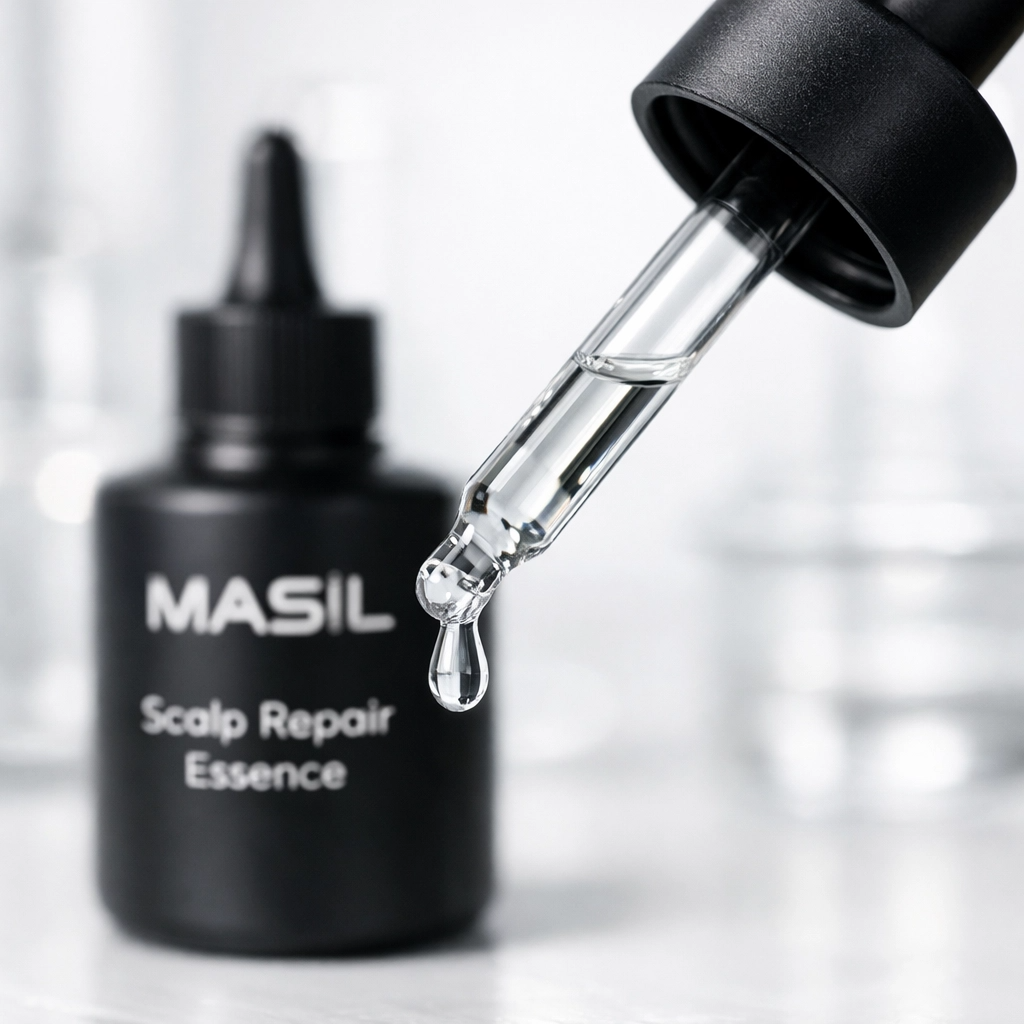 Close-up of clear, non-greasy concentrated liquid of Masil Scalp Repair Essence in a glass dropper.