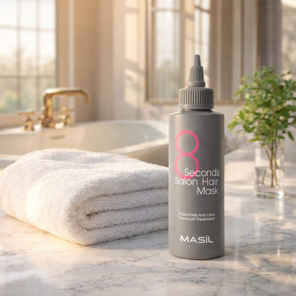 Aesthetic lifestyle shot of Masil 8 Seconds Salon Hair Mask in a modern luxury bathroom on a marble countertop.