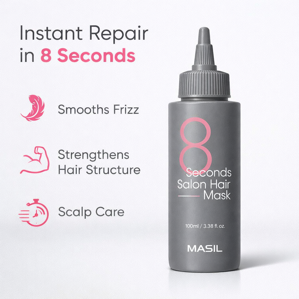 Benefits of Masil 8 Seconds Salon Hair Mask including instant repair, frizz smoothing, and scalp care - grey bottle version.
