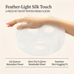A hand holding the feather-light SOSO sheet mask, illustrating its ultra-thin 0.22mm silk texture and 12x essence absorption power.