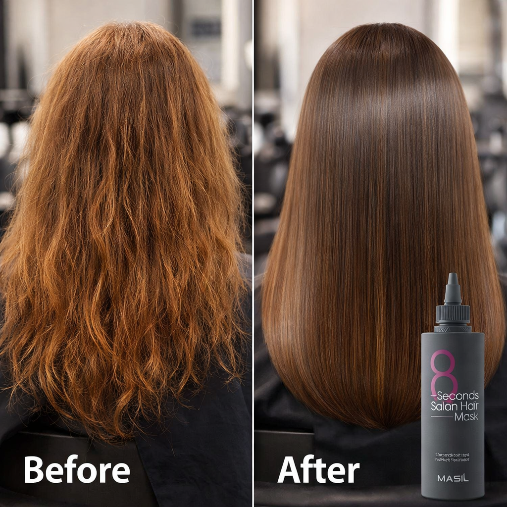 Before and after results of Masil 8 Seconds Salon Hair Mask showing transition from dry frizzy hair to silky smooth hair.