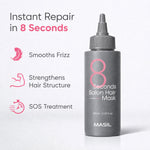 Benefits of Masil 8 Seconds Salon Hair Mask including instant repair, frizz smoothing, and SOS treatment.