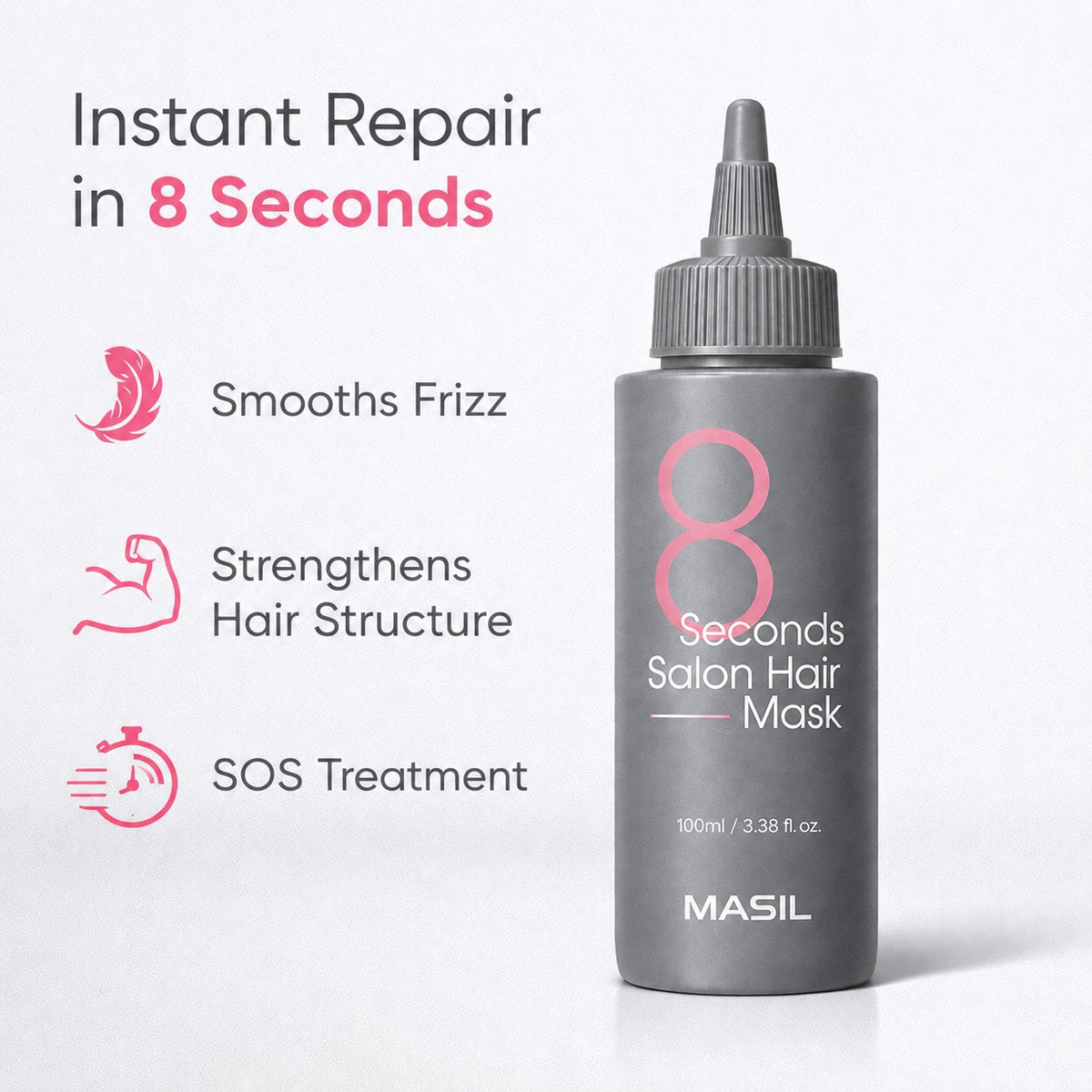 Benefits of Masil 8 Seconds Salon Hair Mask including instant repair, frizz smoothing, and SOS treatment.