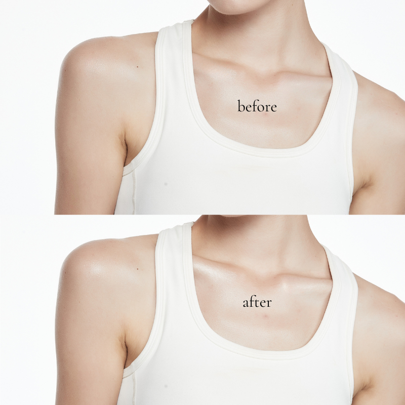 Before and after comparison of Body Shimmer Lotion showing instant radiant skin and natural shimmer effect on collarbone.