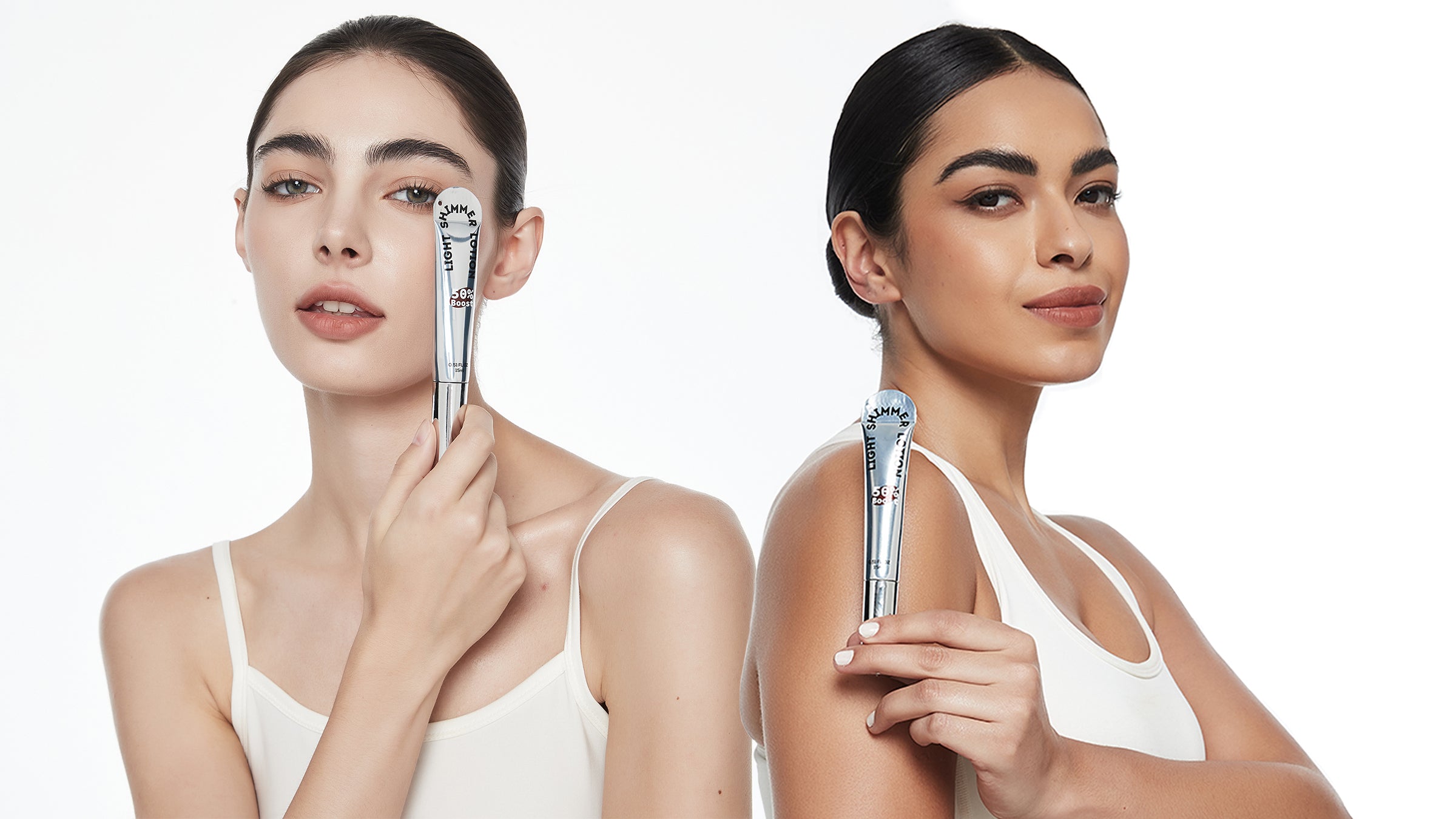 Models holding body shimmer lotion to showcase product design and brand aesthetic