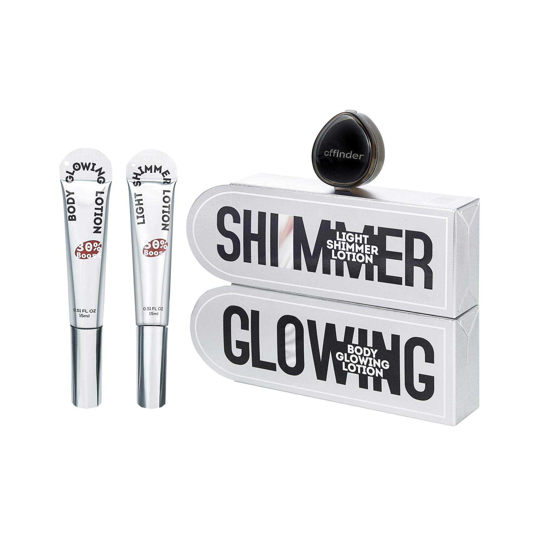 Complete set of cffinder glow and shimmer products with packaging
