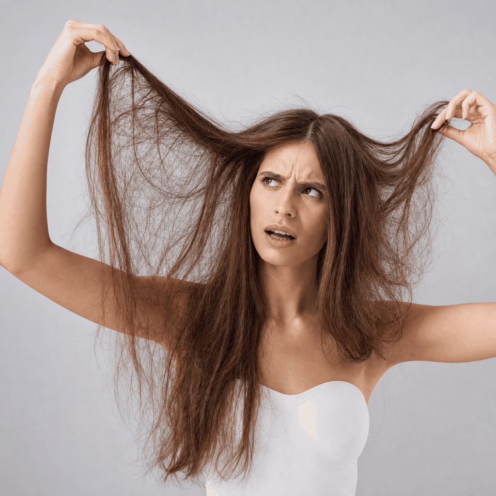 A woman with a distressed expression holds up her dry, frizzy, and damaged brown hair, illustrating a common hair problem before treatment. The image is set against a clean, light gray background, highlighting the need for effective hair care products.