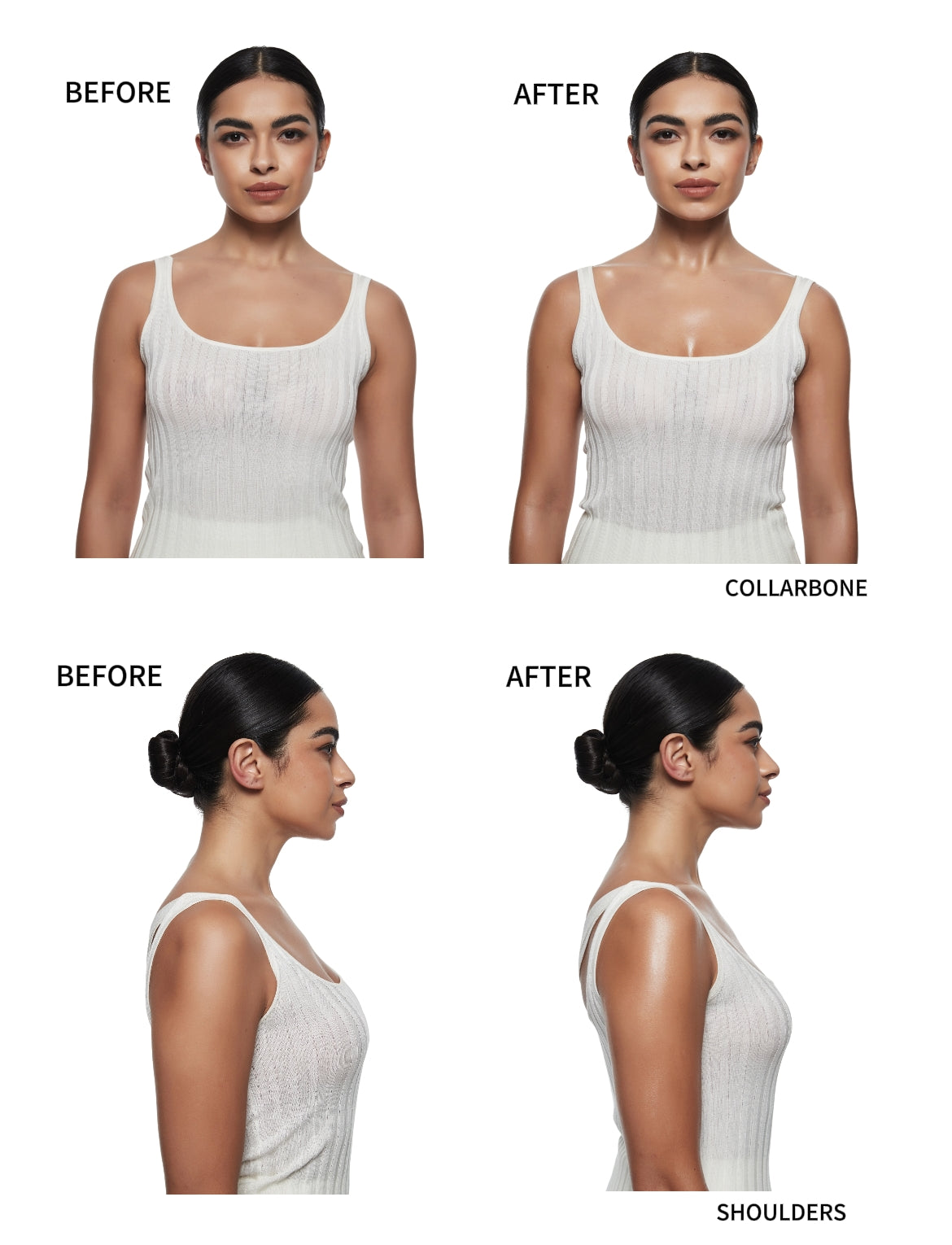Collarbones and shoulders before and after using cffinder body glow lotion.