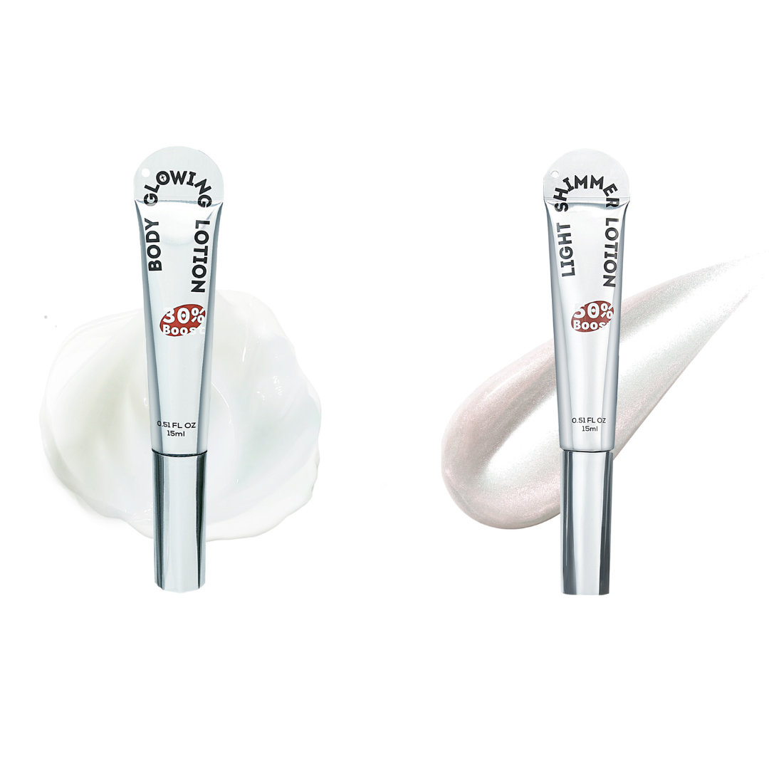 Glow lotion with soft luminous finish versus shimmer lotion with micro-shimmer highlight