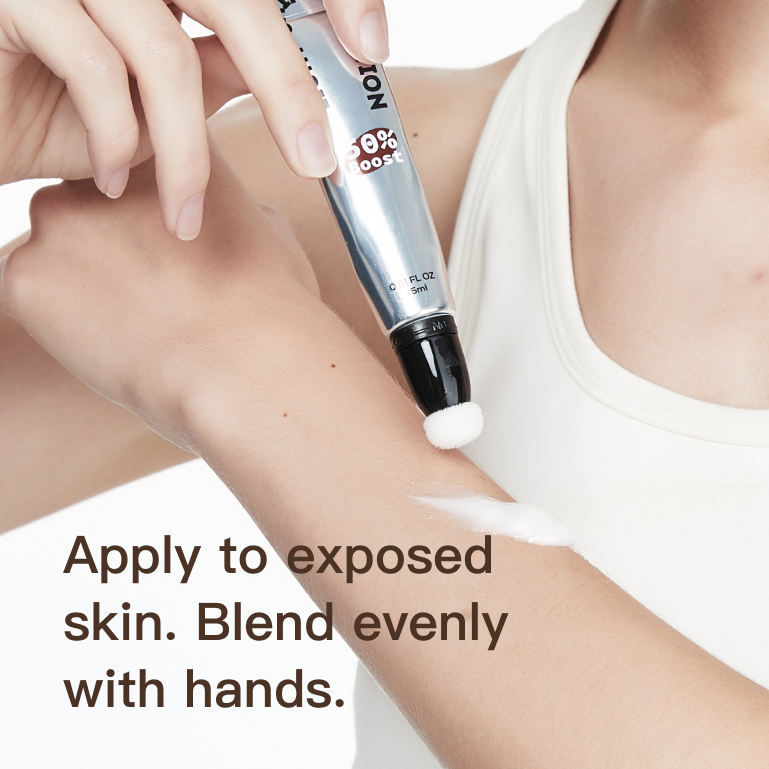 Apply to exposed skin. Blend evenly with hands.