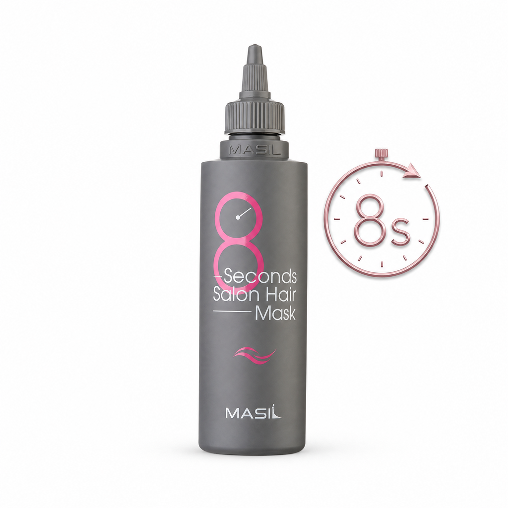High-end commercial photography of Masil 8 Seconds Salon Hair Mask bottle on a pure white background, featuring a bold neon pink "8s" timer icon to highlight its rapid repair results.