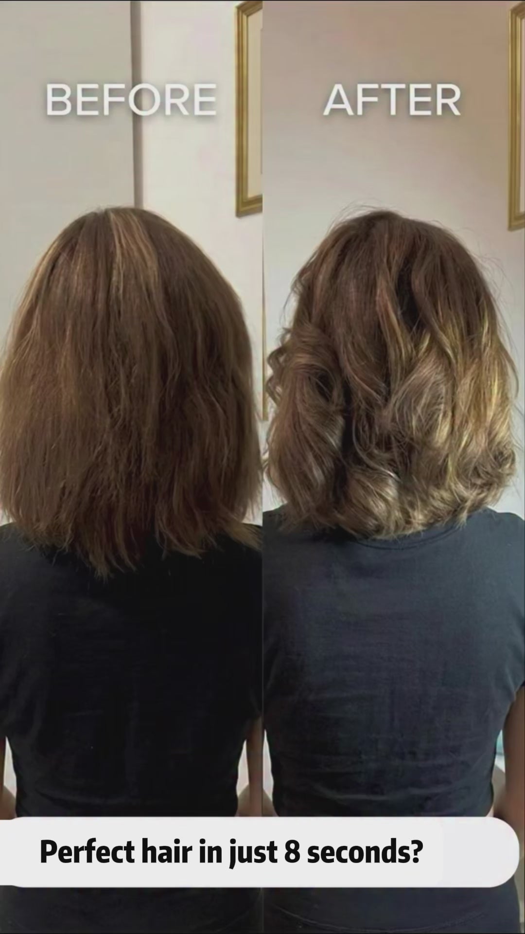 A video demonstration of the MASIL 8 Seconds Salon Hair Mask, showing a woman mixing the clear liquid with water to activate it into a thick white cream, then applying it to her hair and revealing smooth, shiny, voluminous curls after use.