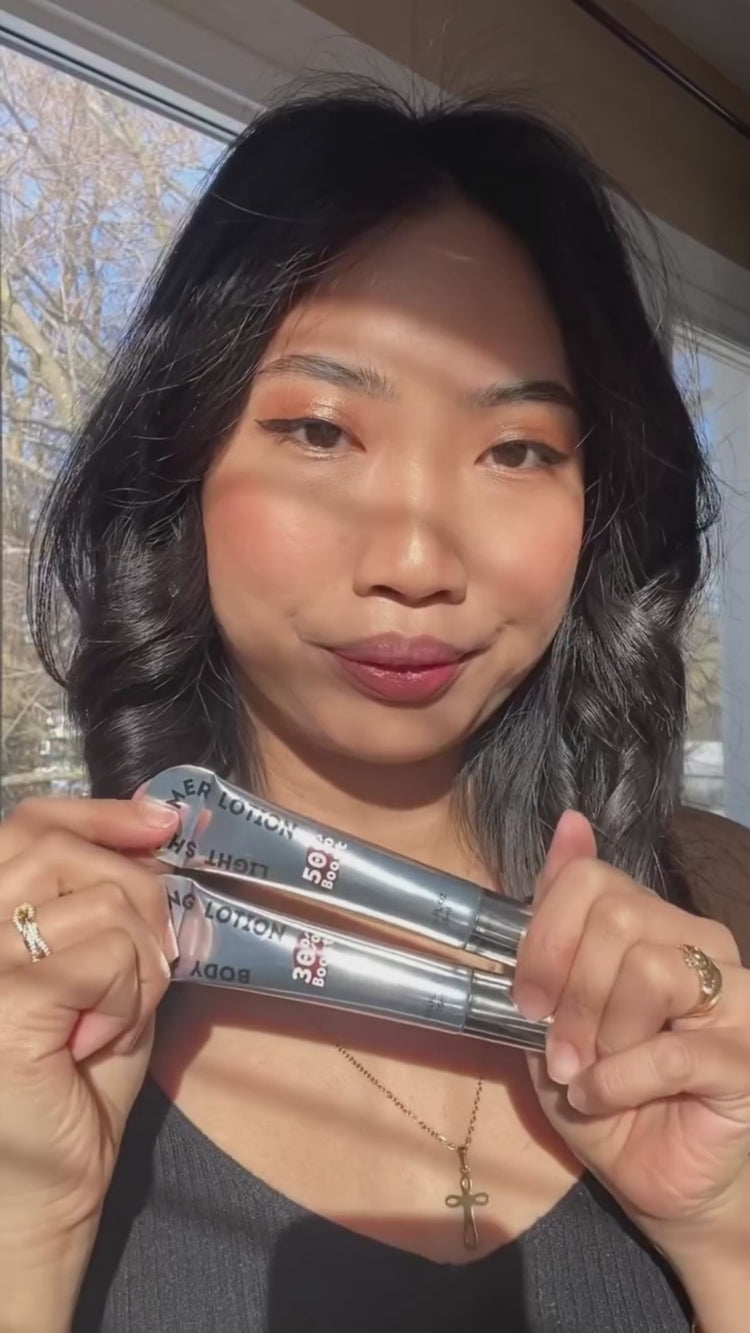 Beauty influencer uses CFFINDER Body Glow&Shimmer Lotion Kit on cheekbones,arms and shoulders,, showing a natural radiant transformation.