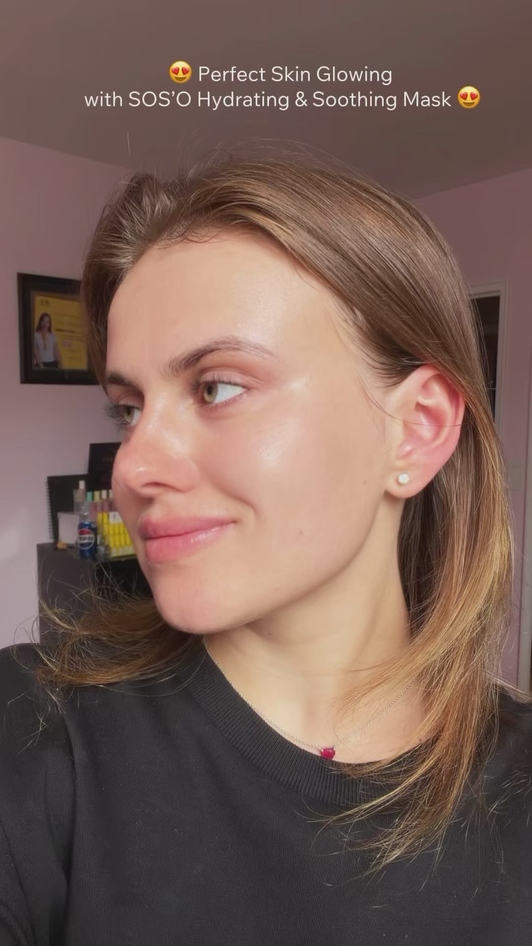 A young woman demonstrates the full routine of using the SOS'O Hydrate Soothing Mask, showing the sheet mask application, the rich essence squeezed from the mask, and her skin looking dewy, smooth, and radiant afterward.