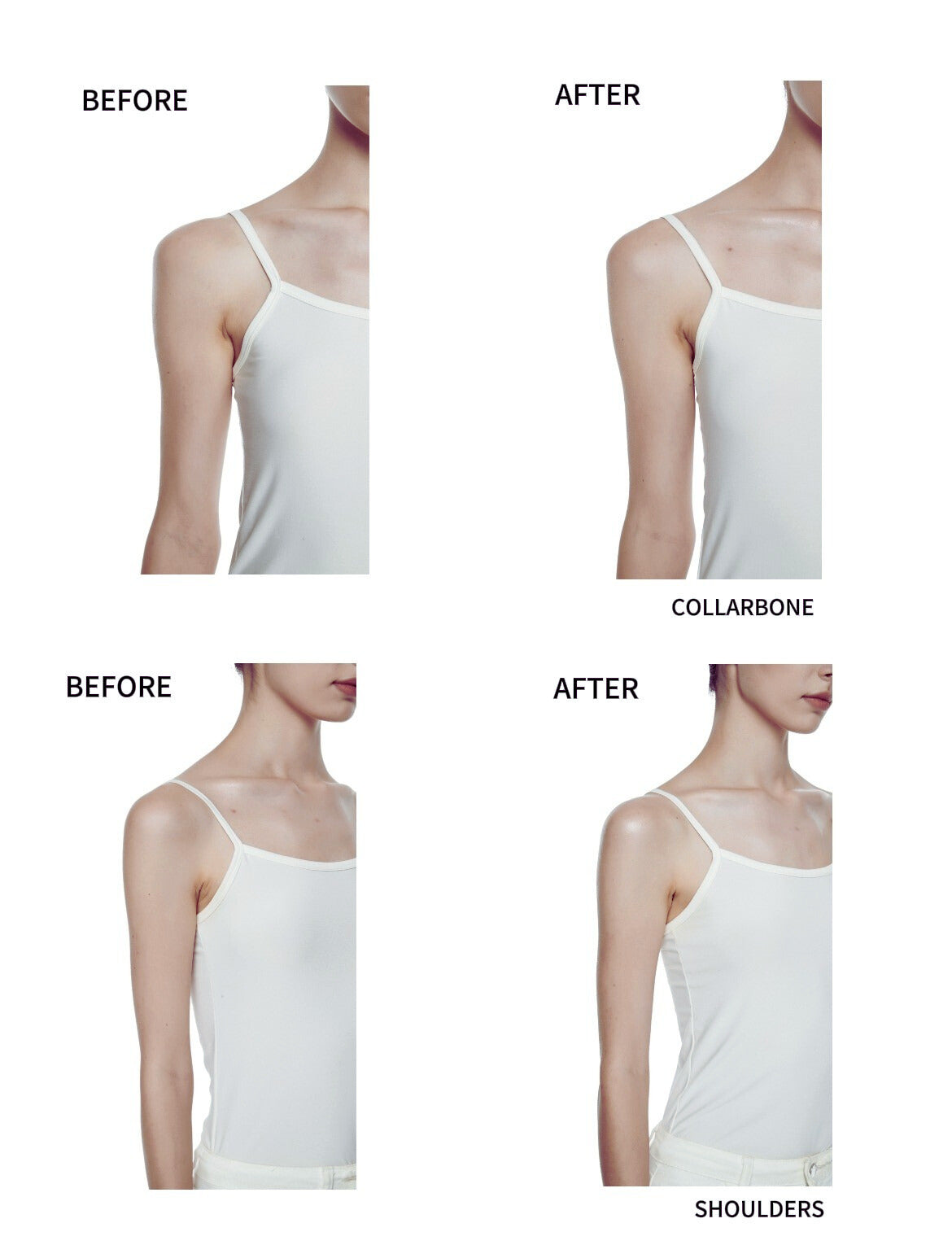 Collarbones and shoulders highlighted with a natural glow after applying cffinder shimmer lotion