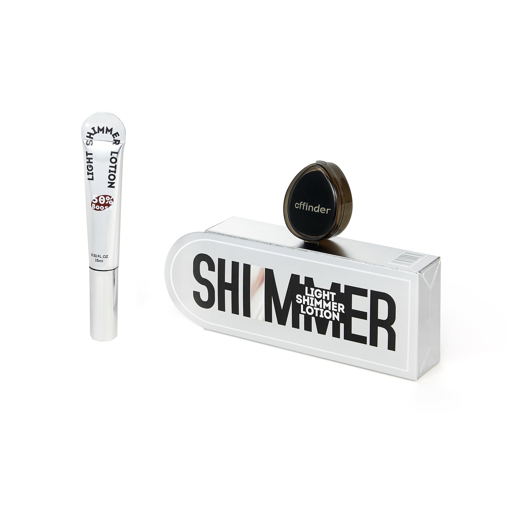cffinder shimmer lotion with packaging box and a small puff applicator